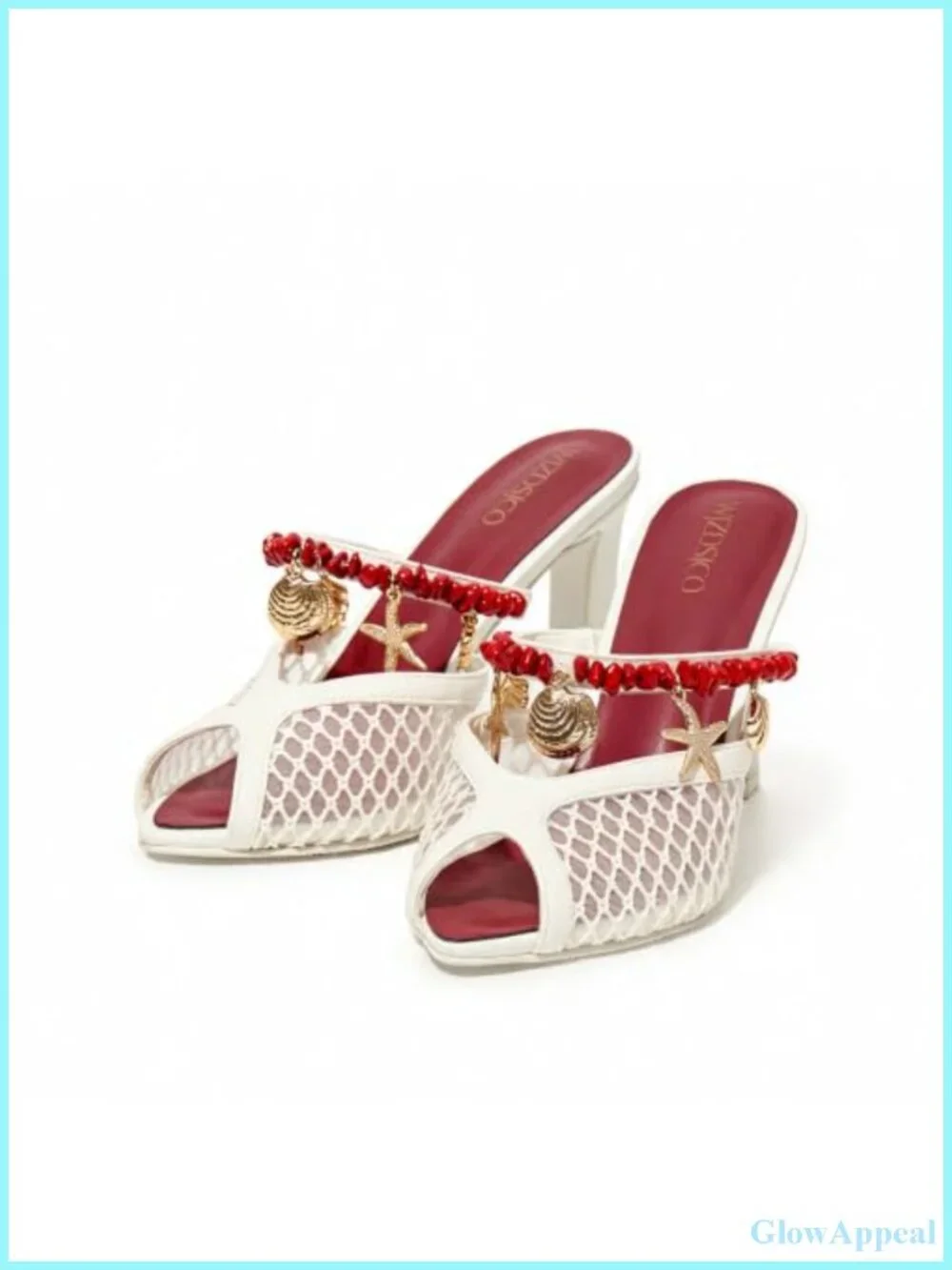Women's Seashell Block Heel Mules Peep Toe Slip On Sandals Mesh Beach